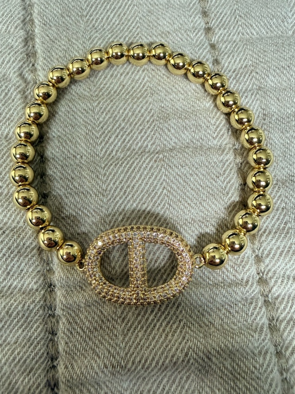 Gold Beaded Bracelet with Pave Oval Charm
